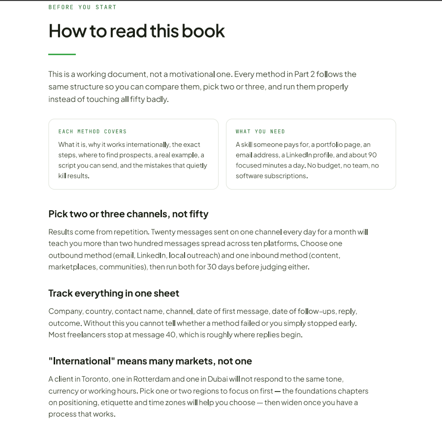 Ebook page explaining how to read the book: pick two or three channels, track everything in one sheet